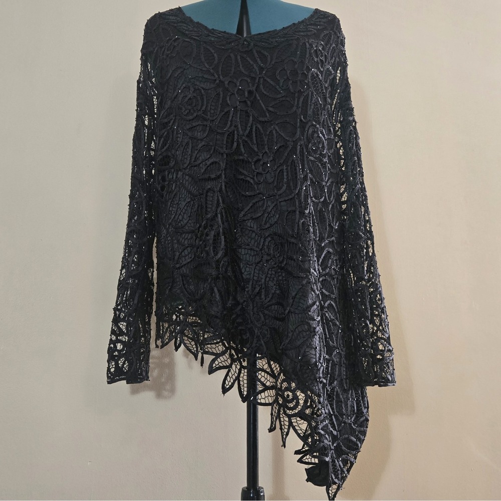 VTG Y2K Soulmates 2X Black 100% Silk Crochet Lace Stevie Nicks Asymmetric Blouse